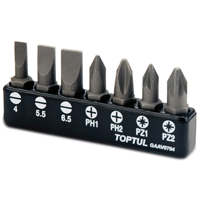 Набор бит TOPTUL 1/4" 7од. (SL: 4*0.5, 5.5*1, 6.5*1.2; PH1, PH2; PZ1, PZ2) GAAV0704